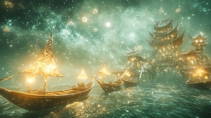 Floating city on teal water fantasy art