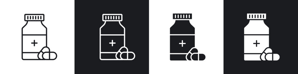 Pill bottle icon in thin line and Flat Design.