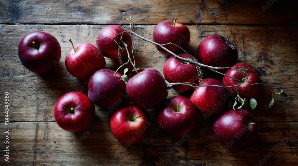 Poster Deep red apples with leafy stems are casually arranged on a rustic wooden counter, creating a warm kitchen ambiance and offering space for text on the left