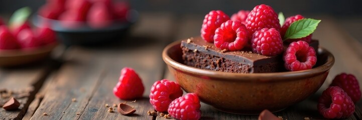 Rich chocolate dessert with raspberries in a bowl, colorful, rich, indulgence