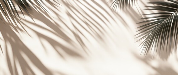 Obraz premium Palm leaf shadows on a light beige background Soft, natural light casts delicate patterns from palm leaves onto a muted beige surface