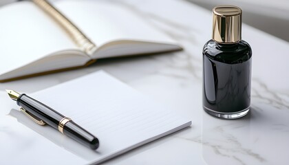 Elegant writing supplies on a marble surface.