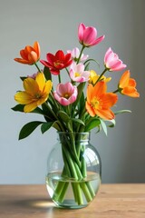 Spring mixed flower arrangement in a glass vase, glass, decorative