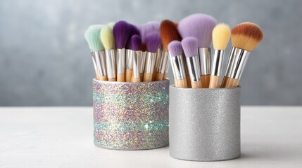 Obraz premium Set of elegant makeup brushes with pastel-colored bristles displayed in shimmering holders on a glossy surface, offering perfect space for branding or writing