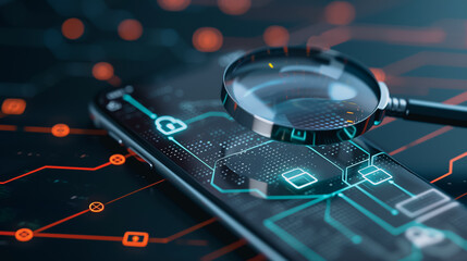Cyber Investigation: A high-tech scene unveils the intricate world of digital forensics, as a magnifying glass hovers over a smartphone, highlighting cybersecurity, with circuits in the background.