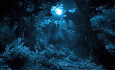 Obraz premium Mystical, moonlit forest path Lush, dark trees frame a dimly lit, tranquil scene Soft, blue light from a full moon illuminates the path