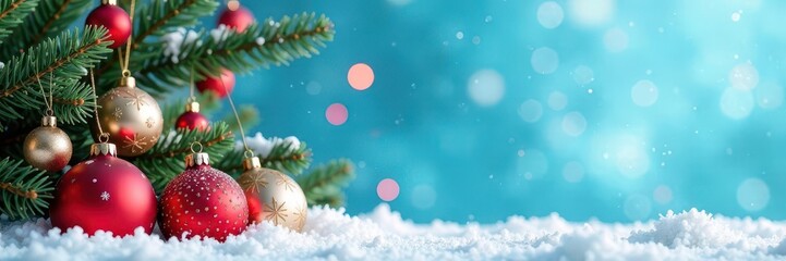 A festive Christmas scene with balls and decorations against a bright blue sky, Sky, Holiday, Blue