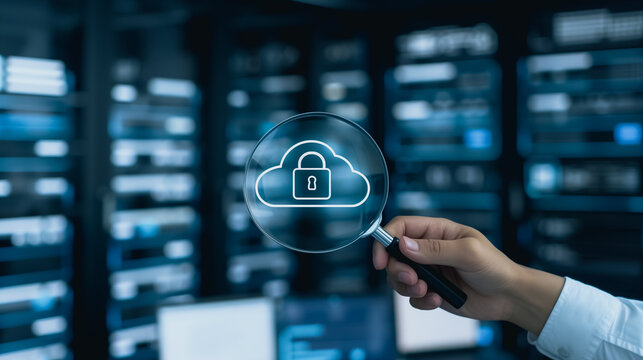 Digital Fortress: A close-up view of a hand using a magnifying glass to examine a digital cloud security icon, superimposed against a high-tech server room filled with data storage equipment. - Powered by Adobe