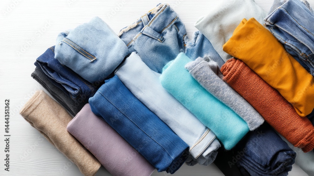 Poster pair of rolled blue denim jeans with neat cuffs lying on a bright white surface, creating a fresh an