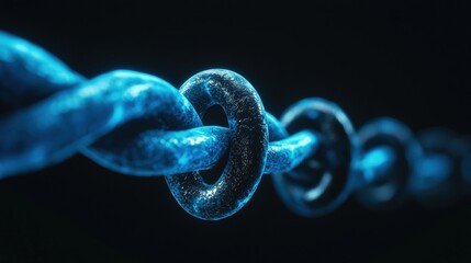 Close-up of a glowing blue chain link on a dark background.