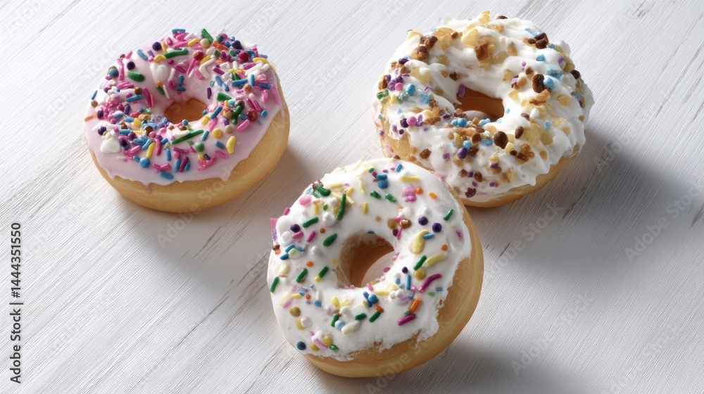 Aufkleber Three classic ring donuts are beautifully displayed on a clean white surface, featuring glossy icing and an array of colorful sprinkles, inviting indulgence