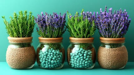 Four decorative jars filled with herbs and decorative beads