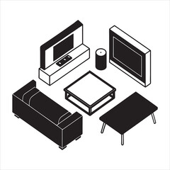 Isometric Living Room Interior Design With Sofa Tables And Television In Black And White.