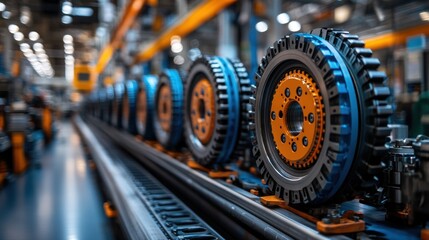 Fototapeta premium Industrial Manufacturing: Close-up of Automated Assembly Line with Precision-Engineered Components