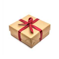Obraz premium A square gift box, wrapped in kraft paper and tied with a red ribbon