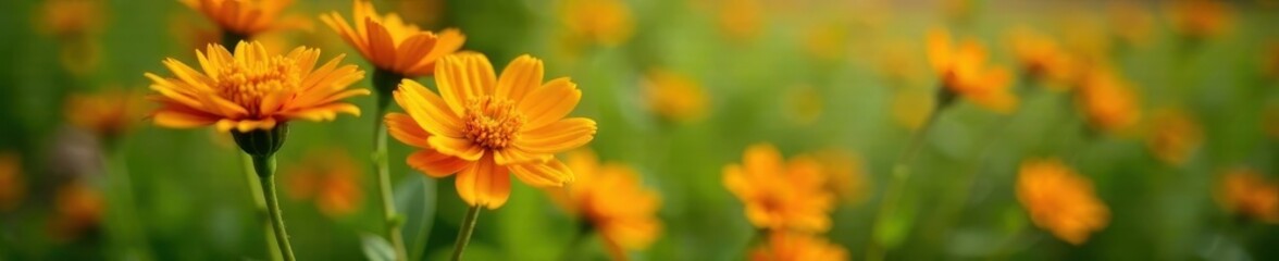 Fototapeta premium Delicate safflower orange flowers bloom in the garden, blooming flowers, nature