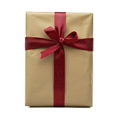 Beige gift wrap with burgundy ribbon  A rectangular package is wrapped in light beige paper, adorned with a wide, burgundy satin ribbon tied in a bow