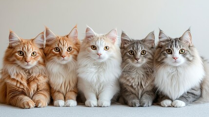 Four Adorable Norwegian Forest Cat Kittens Sitting in a Row