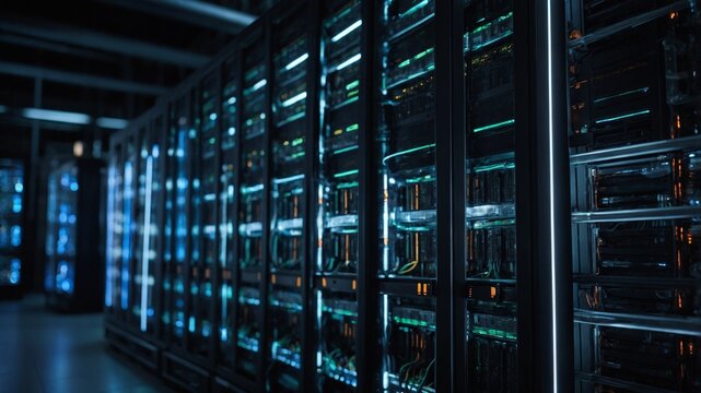 Data Center Infrastructure: Server Racks and Network Equipment in Dimly Lit Environment