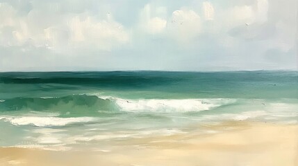 Gentle ocean waves crashing on a sandy shore, a tranquil seascape.