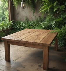 Fototapeta premium Rustic wooden table with lush green foliage, earthy tones , natural, wooden background, table