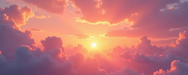 Fototapeta premium Soft mauve clouds scattered across a warm orange sky at sunset, scattered clouds, peaceful, sky