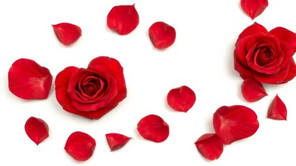 A heart-shaped red rose and scattered petals create a romantic and elegant Valentine's Day design on a white background.