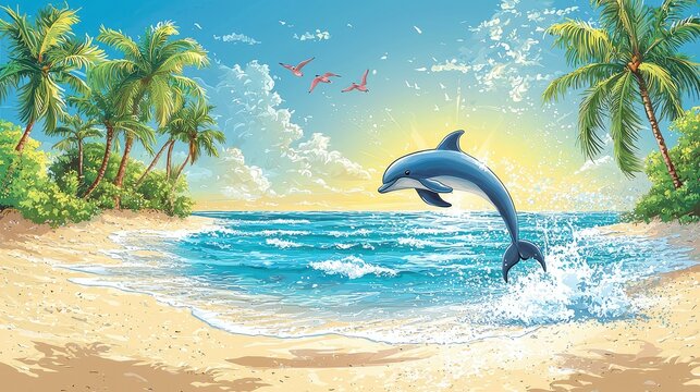 Tropical beach scene with a leaping dolphin. Lush palm trees frame a serene beach, turquoise water, and a dolphin leaping.  Pink flamingos soar in the sky. Sunrise paints the scene