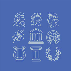 Collection of minimalist Greek mythology icons featuring gods, warriors, temple, column, laurel wreaths, lyre, olive branch, and Medusa. Elegant blue and white line art. Vector illustration