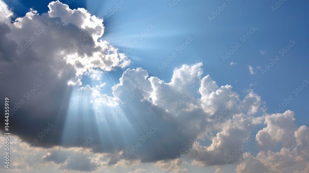 Poster beams of radiant light pierce thick clouds, illuminating a vast blue sky and enhancing the ethereal 