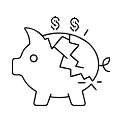 broken piggy bank icon, broken piggy bank line art - simple line art of broken piggy bank, perfect for broken piggy bank logos and icons