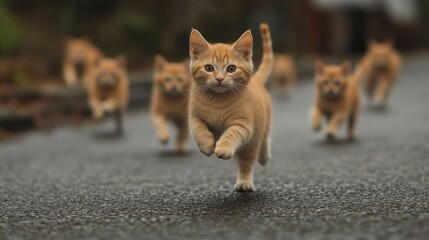 Adorable Ginger Kittens Running in a Row on Asphalt Road