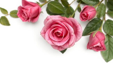 Naklejka premium Four pink roses with green leaves elegantly arranged on a pristine white background create a romantic and delicate floral arrangement.