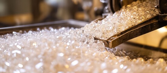 Ice cubes pouring from machine, industrial setting, close-up, food production