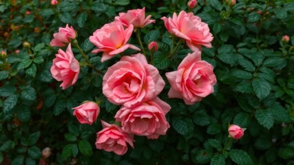 A cluster of delicate light pink roses blossoms beautifully amongst lush green foliage in a vibrant garden setting.