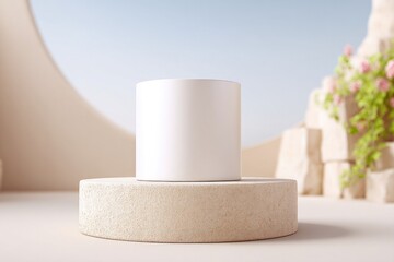 sleek 3d-rendered round podium prominently stands in center of neutral backdrop