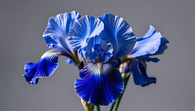 Elegant cluster of bearded iris in a minimalist style, with indigo and silver tones, smooth curves