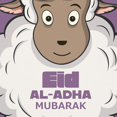 Cute Eid al-Adha greeting featuring a smiling cartoon sheep with bold 