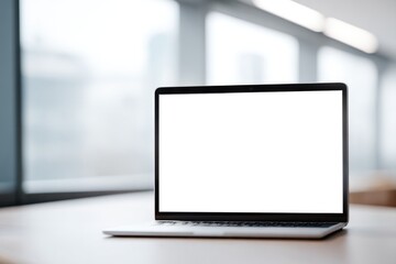 Fototapeta premium sleek laptop with blank screen elegantly set against minimalist desk symbolizing interface between human innovation