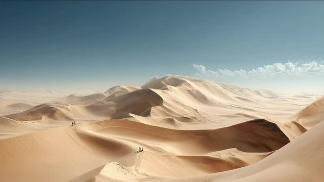 Vast sandy desert landscape with rolling dunes under a clear blue sky, tiny figures walking on a dune's ridge in the distance, calm and peaceful scene.