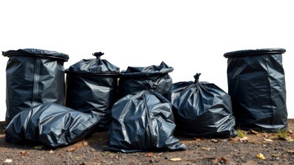 Several overflowing black plastic garbage bags and bins sit outside on the ground ready for disposal and waste removal.