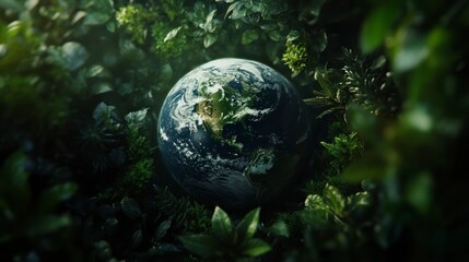 Earth nestled in lush green foliage, symbolizing environmental conservation and sustainability.