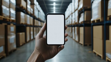 Hand holding smartphone with blank screen in warehouse.