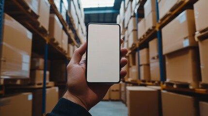 Hand holding smartphone with blank screen in warehouse with many cardboard boxes.