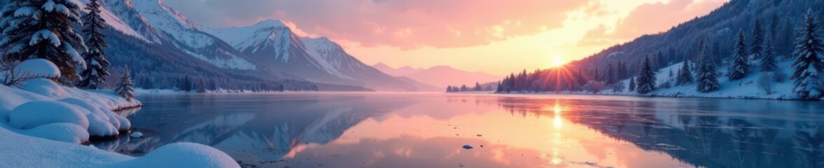 Obraz premium Frozen lake in the Carpathian Mountains at sunrise, ice, peaceful, winter