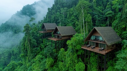 Elevated Treetop Houses in Lush Green Rainforest Mountains