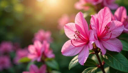 Fototapeta premium Pink Azalea flowers blooming in Asticou Azalea garden in Maine, spring bloom, pink azaleas