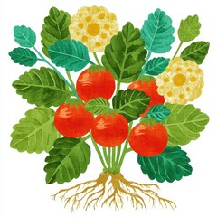 Vibrant Tomato Plant Illustration with Red Fruits Green Leaves and Yellow Flowers