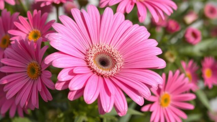 Obraz premium A vibrant close-up showcases a cluster of delicate pink gerbera daisies blooming beautifully in the sunlight.