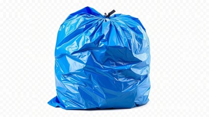A full blue plastic garbage bag tied at the top is isolated on a white background ready for disposal.